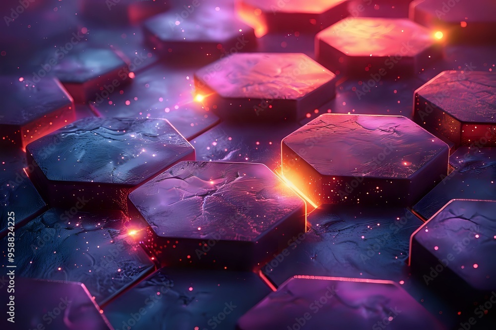 Poster a futuristic, glowing hexagonal grid with vibrant lighting effects, symbolizing advanced technology 