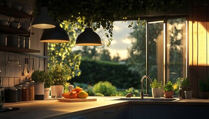 Fototapeta premium Kitchen with a View of Tranquil Garden at Twilight, Warm Pendant Lights and Long Shadows Creating a Relaxing Evening Ambiance