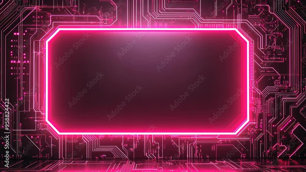 Wall mural Pink neon frame appearing on circuit board background