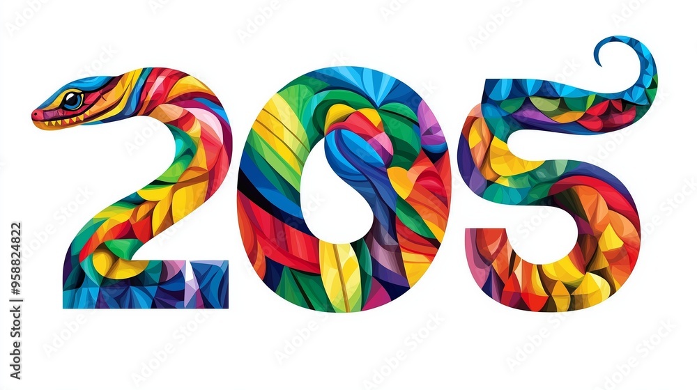 Poster A colorful snake with a rainbow tail and a number 205 on it. The number 205 is written in a unique and artistic way, making it stand out from a regular number