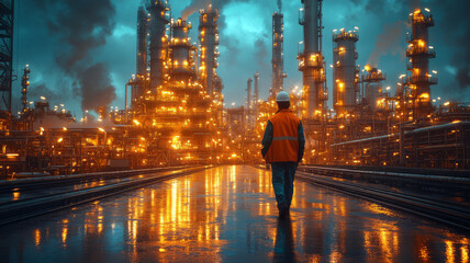An engineer inspects pipelines and drilling rigs at a large factory behind a subsea facility.