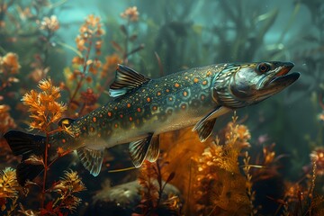 Fototapeta premium A colorful fish swims through underwater vegetation, surrounded by aquatic plants. Ideal for wildlife, nature, and aquatic life themes, perfect for educational or conservation content.