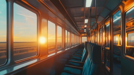 Sunset glow fills the empty train carriage with warm hues and reflections.
