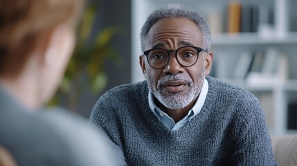 Obraz premium Elderly Black male patient in therapy, discussing with psychiatrist, cozy office, neutral colors.
