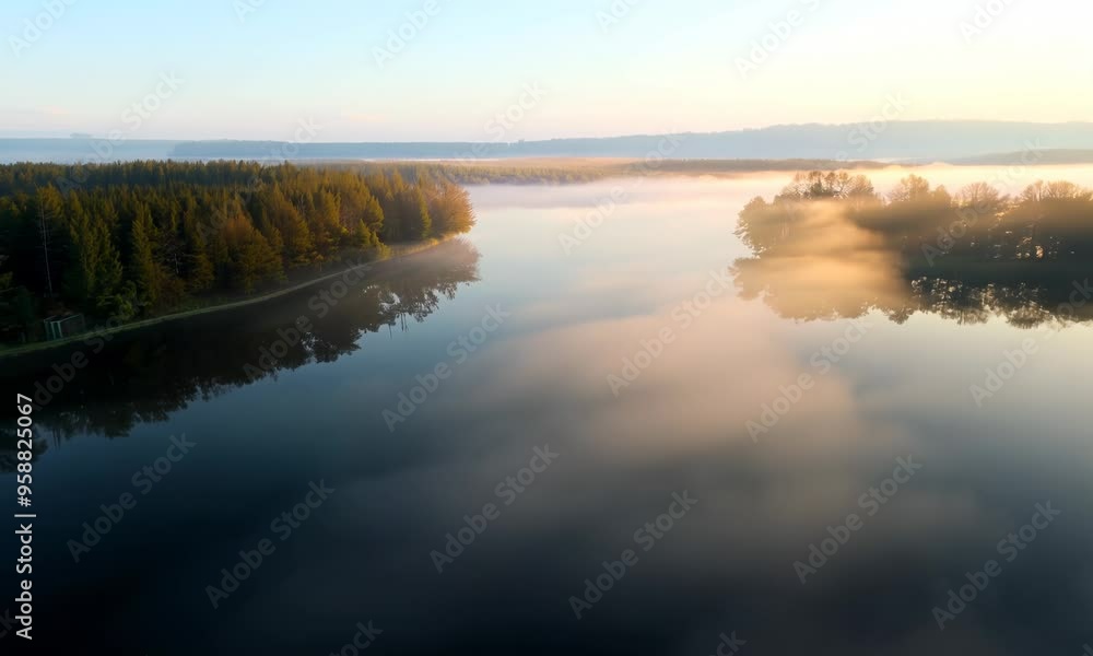 Poster Fog rolling over a calm lake at dawn.  Video