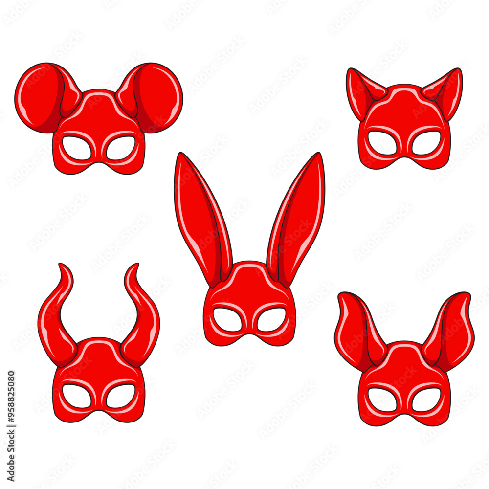 Poster set of color illustrations with red masks rabbit, cat, mouse, horns ears. isolated vector objects on