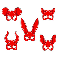 Set of color illustrations with red masks rabbit, cat, mouse, horns ears. Isolated vector objects on white background.