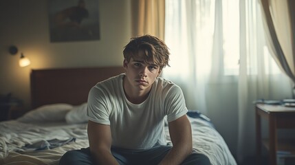 Fototapeta premium Caucasian male sitting on bed, messy room, evening light, worried eyes, tense posture, somber mood.