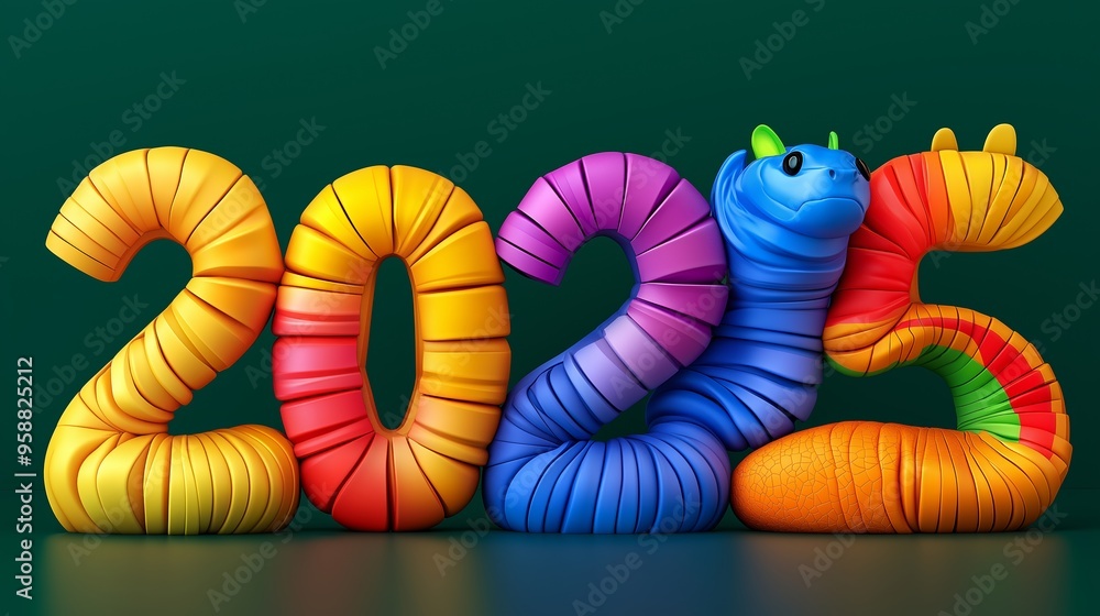 Poster the year 2025 is written in a colorful and creative way, using a series of squiggles and shapes. the
