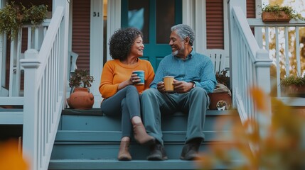 A couple enjoys coffee on the front porch steps of their home during a sunny afternoon in a friendly neighborhood - Powered by Adobe