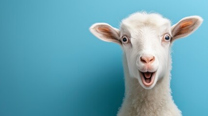 Obraz premium A white sheep is smiling and looking at the camera. The sheep's eyes are wide open, and it is happy