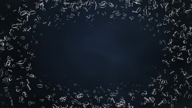 Abstract math number blue background. Random sign flying border frame. School sheet. Copy space.