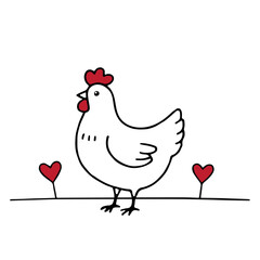 Chicken vector outline, doodle with Heart or love. line drawing. Minimal, simple background for label design.