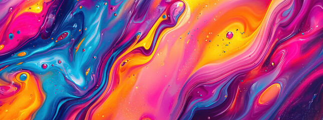 A dynamic abstract artwork showcasing swirling patterns in vibrant hues of blue, pink, and yellow, creating a visually striking and energetic composition.