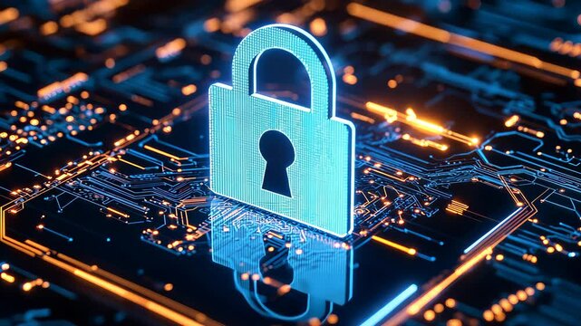 Glowing padlock hovering over circuit board illustrating cybersecurity