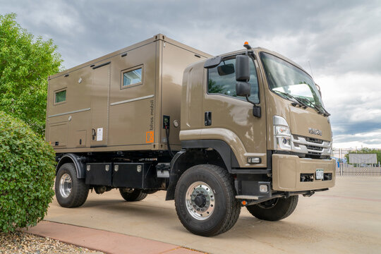 Loveland, CO, USA - August 24, 2024: Bliss Mobil, 15 foot expedition vehicle built on Isuzu FTR 4x4 chassis.