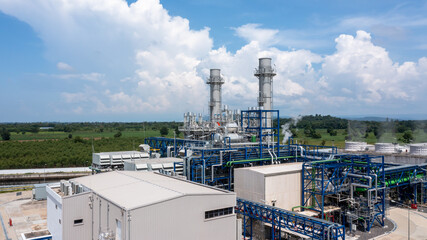 Aerial view power station plant, High voltage substation electrical power plant factory energy, Eletric power station with high voltage for indutry factory.