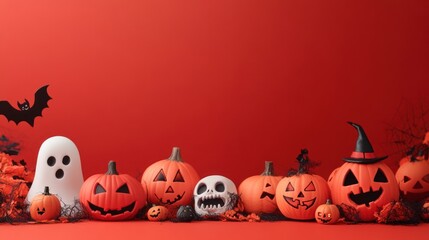 Halloween pumpkins, ghost, and bats in spooky setup.