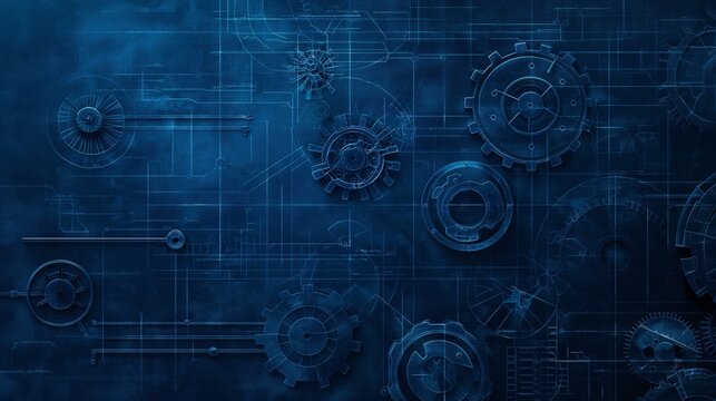 steampunk vibes wall with gears and blueprint of machine or architecture design