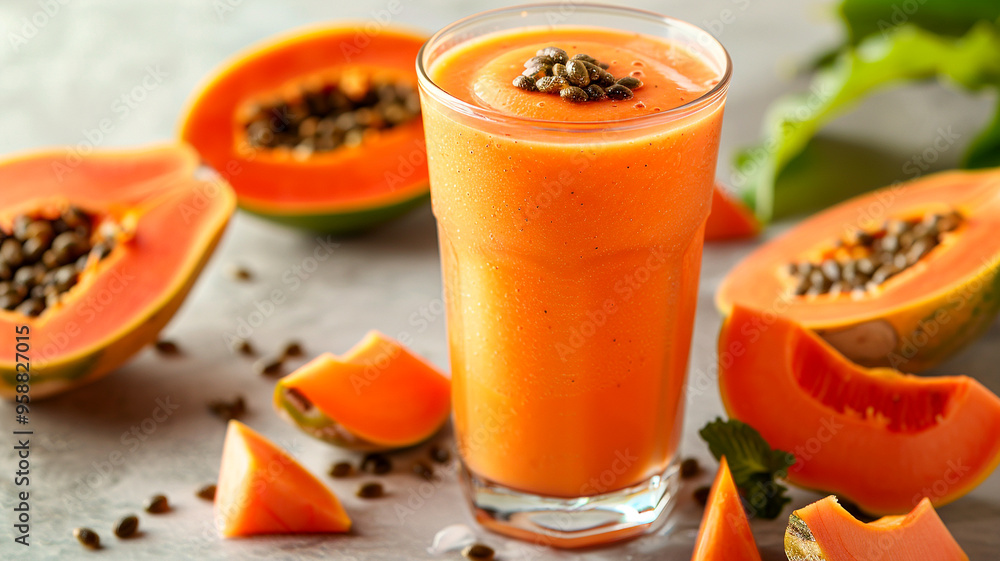 Poster refreshing papaya smoothie garnished with seeds in a rustic setting