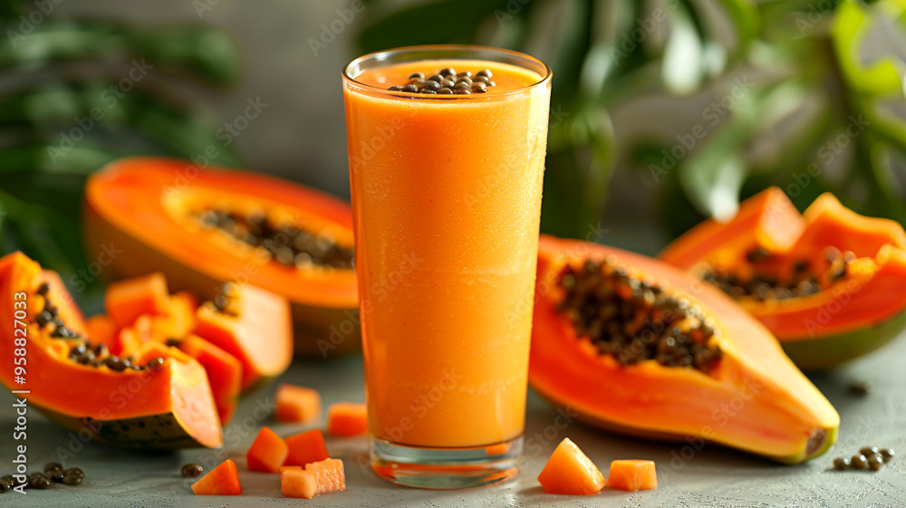 Poster refreshing papaya smoothie with fresh fruit slices on a rustic table setting