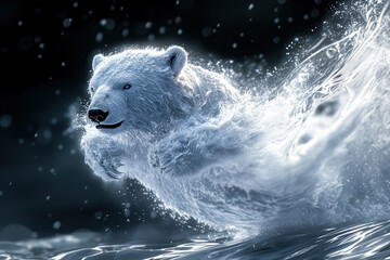 Obraz premium Polar bear cub coming out den and playing on ice.