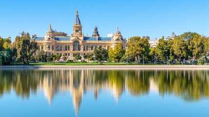 Fototapeta premium The tranquil scene features Surada Castle reflected in still water, framed by lush trees under a clear blue sky at sunrise in Bischofshofen, Austria during summer
