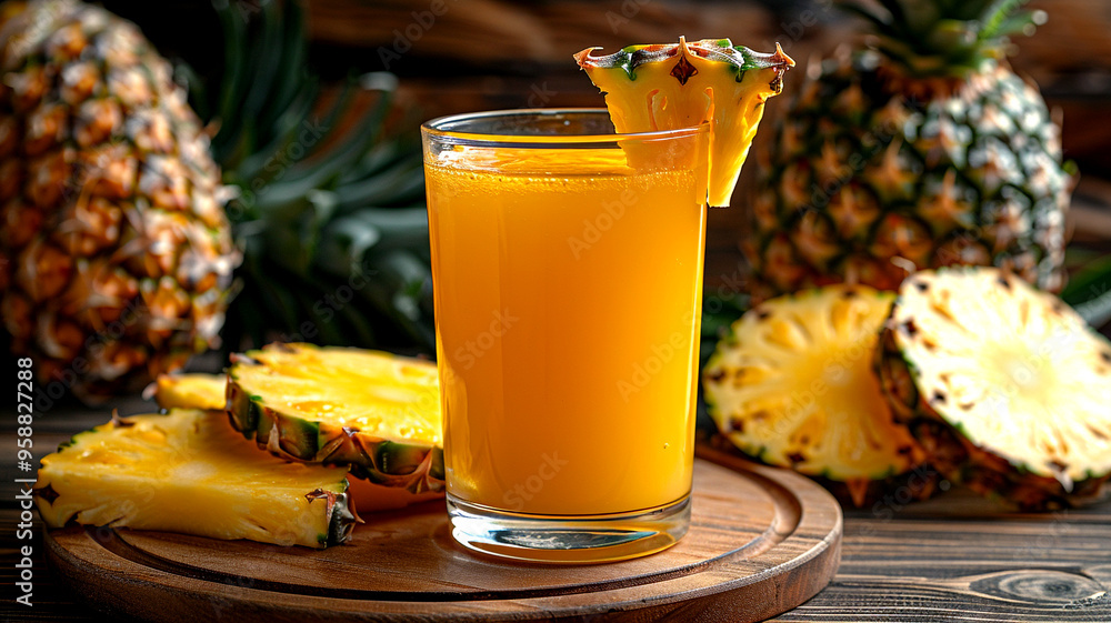 Poster refreshing pineapple juice served with fresh fruit in a rustic setting