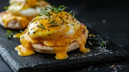 Delicious Gourmet Eggs Benedict with Hollandaise Sauce Close-Up on Black Background for Brunch Menus