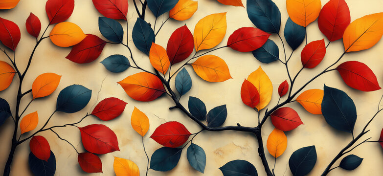 Arte mural dise&ntilde;ado con ramas de hojas con colores de oto&ntilde;o, multicolor, sobre fondo blanco crema, decoraciones a&ntilde;os 70, fondo de pantalla, para cocinas, papel de regalo,. pintado, textil, con textura