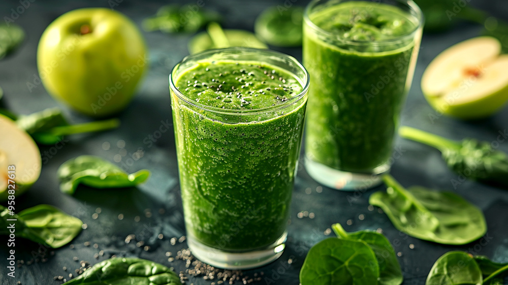 Poster refreshing green smoothie made from fresh spinach and apples in bright setting