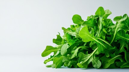 Obraz premium Fresh green arugula leaves isolated on a light background, perfect for salads and healthy dishes. Close-up image with vibrant color.