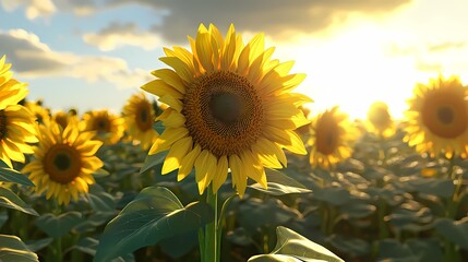 Vibrant sunflower basking in golden sunlight at sunset.