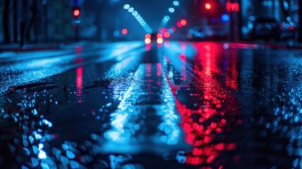 Dark street, reflection of neon light on wet asphalt. Abstract dark blue background