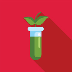 Minimalist flat lay image of a green sprout growing from a test tube with green liquid, representing sustainable innovation in science