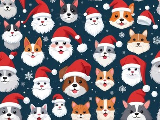 Santa Claus hats on different animals, like a cat, dog, each wearing a hat with a playful expression, set against a snowy background