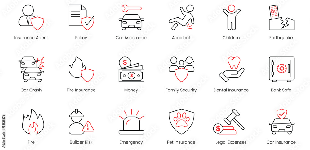 Wall mural Insurance Agent, Policy, Car Assistance, Accident, Children, Earthquake, Car Crash, Fire Insurance, Money, Family Security, Dental Insurance, Bank Safe, Fire, Builder Risk, Emergency vector icons