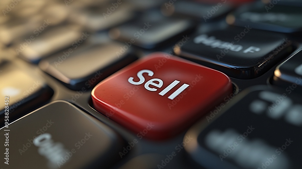 Poster macro close-up of 'sell' button on keyboard with intricate details and reflections