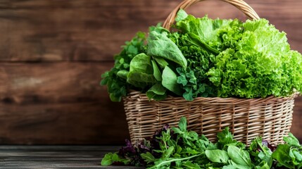 Fototapeta premium Fresh green leafy vegetables in a wicker basket on a wooden table, perfect for salads and healthy meals.