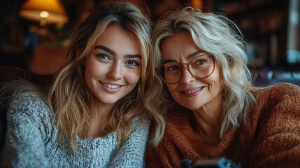 adult daughter teaching mother how to take photos with professional camera explaining technology laughing mother day concept