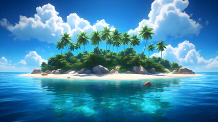 High-Resolution Vibrant Image of a Serene Tropical Island with Lush Palm Trees, Pristine Beach, and Clear Turquoise Waters