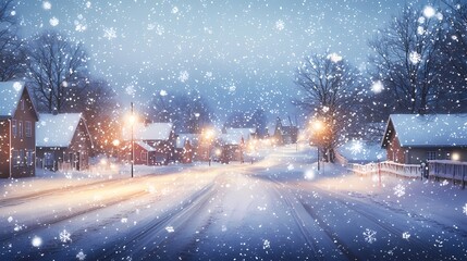 A serene winter scene with falling snow in a quaint neighborhood at dusk.