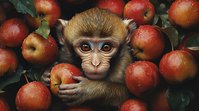 Photorealistic primate portrait curious monkey with vibrant red apples blending hyperrealism with whimsical concept. Hyperrealism. Illustration