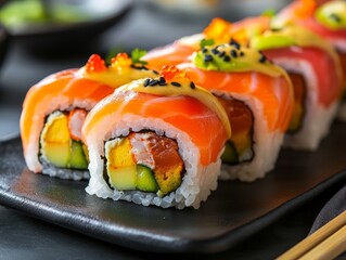 Colorful Vibrant Sushi Rolls with Toppings on Black Plate Against Dark Background - High-Resolution Food Image
