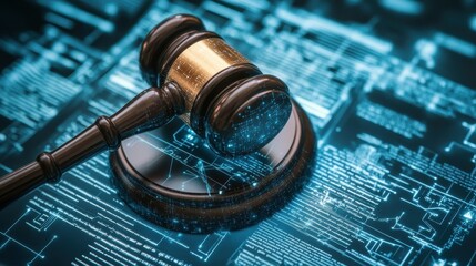 A digital representation of a gavel resting on a futuristic blueprint background, symbolizing law and justice in the digital age.