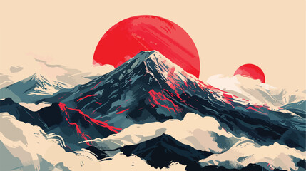 Japanese Abstract Poster Mountain Above Red Sun