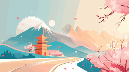 Japanese Abstract Poster Mountain with Road and Sun