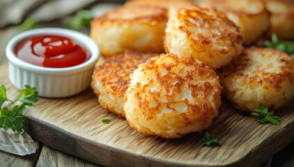 Fototapeta premium Golden brown potato patties with ketchup on a wooden board