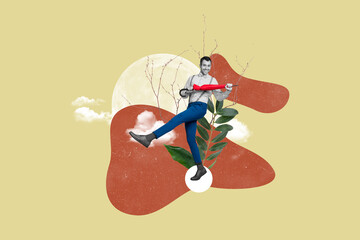 Composite photo collage of happy man wear formal outfit hold umbrella moonrise leaves plant branch...