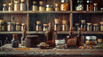 A table with many jars and bottles of spices and herbs